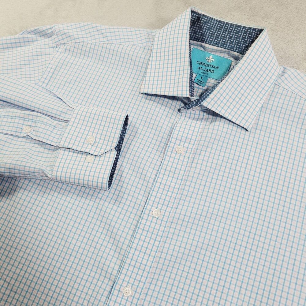Christian Aujard Dress Shirt Mens Large Blue Check Long Sleeve Button Up Regular